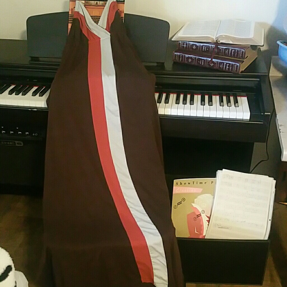 Long orange and white dress.